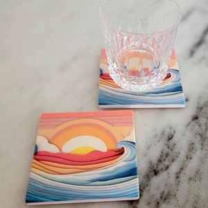 4 Stone Coasters - Custom designed, one of a kind - Waves | Beach | Western